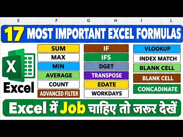 17 Most Important Excel Formulas | Excel में Job के लिए जरूरी | Excel Tutorial for beginners