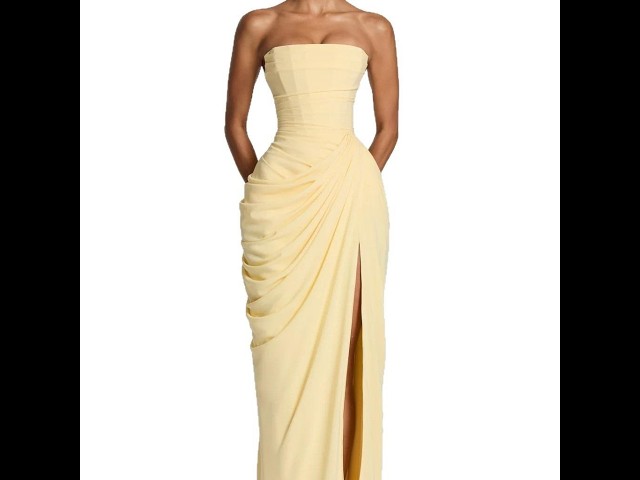 French Style Romantic Strapless Pleated Slit Maxi Dress