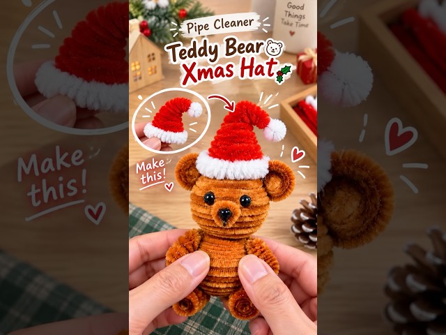 Making a Christmas Hat for a Pipe Cleaner Teddy Bear 🧸🎅 #shorts #christmascrafts
