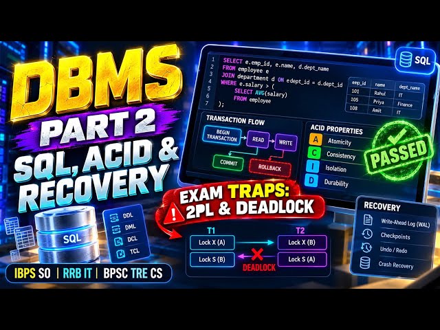 DBMS Complete Revision Part 2 | SQL Advanced, ACID, 2PL, Recovery | IBPS SO IT, RRB Scale 2, STET