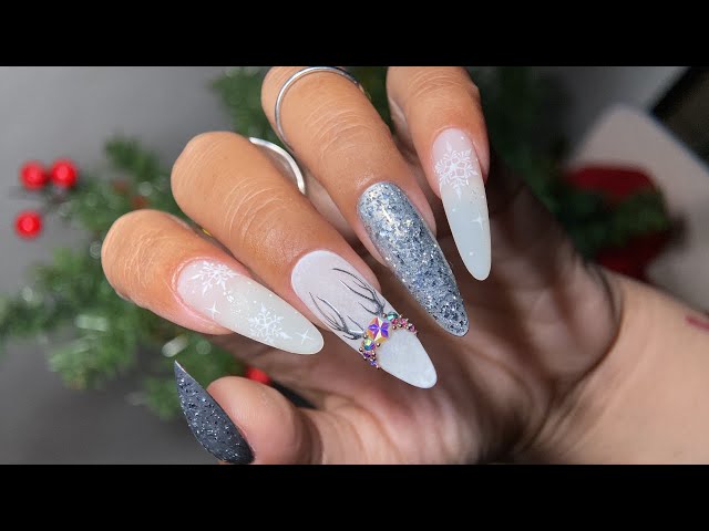 Stunning Nail Design with Rhinestones for 2022 Christmas - Best Holiday Nail Tutorial