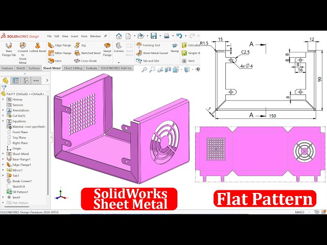 SolidWorks Sheet Metal exercise for beginners-(Vent, Fill Pattern)