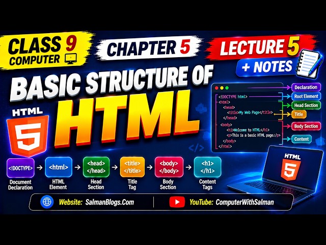 Class 9 Computer Chapter 5 | Basic Structure of HTML Lecture 5 + Notes