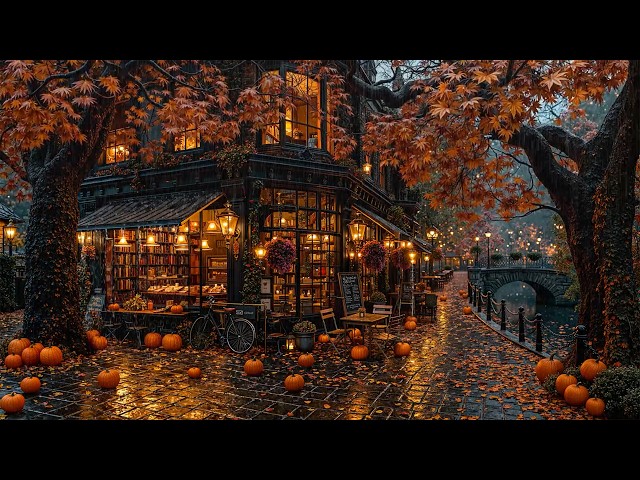 Cozy Jazz Ambience by a Rainy Autumn Canal 🌧️ Vintage Bookstore Café for Study, Work & Relaxation 🍂