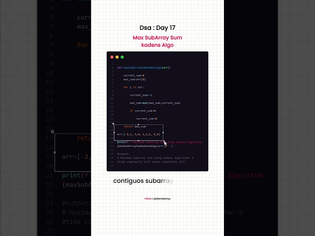 Maximum Subarray Sum | Kadane's Algorithm Explained | Python DSA. #dsa #python #coding #learncoding