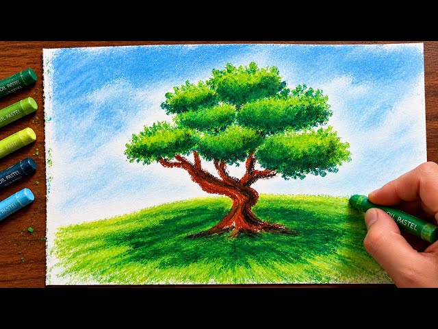 Easy Oil Pastel Landscape Painting | Beautiful Tree Scenery Drawing for Beginners