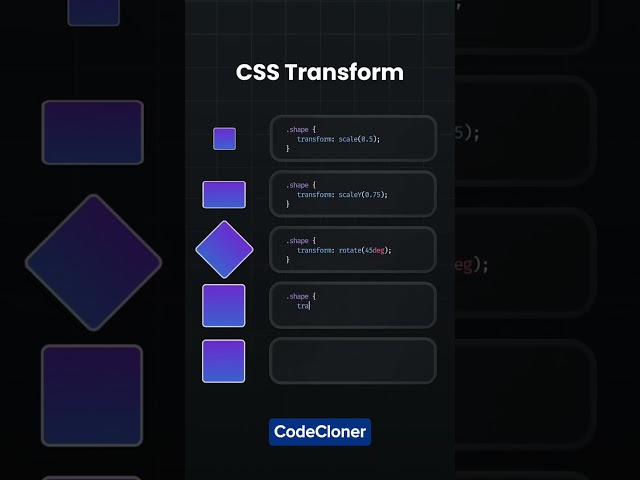 CSS Transform in 30 Seconds 🔥 Scale, Rotate, Skew & Translate | CSS Tutorial #shorts #codecloner
