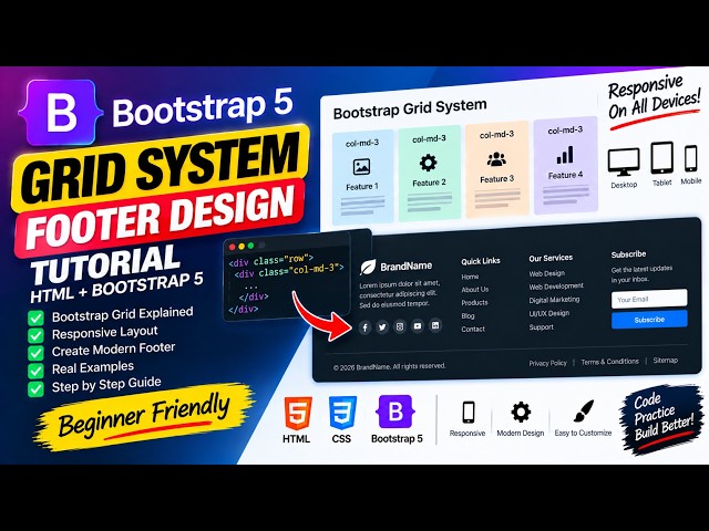 Bootstrap Grid System Tutorial 🔥 | Create Responsive Footer Using Bootstrap 5 Grid