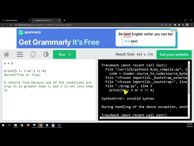 W3schools Python - Logical Operators (and, or, not) - Code along