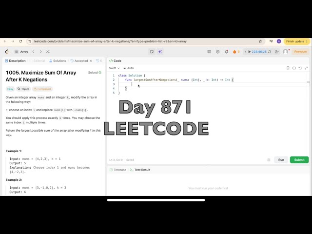 Day 871: LeetCode Problem 1005. Maximize Sum of Array After K Negations - Swift
