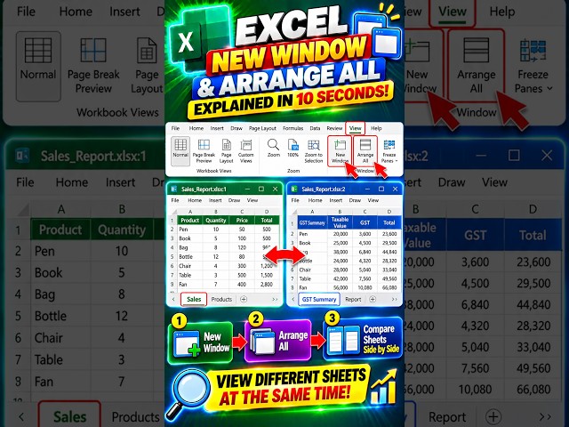 Excel New Window & Arrange All Explained in 10 Seconds 🪟 | Compare Sheets Side by Side!