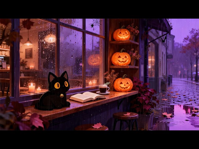 Midnight Halloween Cafe 🎃 Lofi Cat | Cozy Lofi Music [Rain Drops & Pumpkin Decorations]