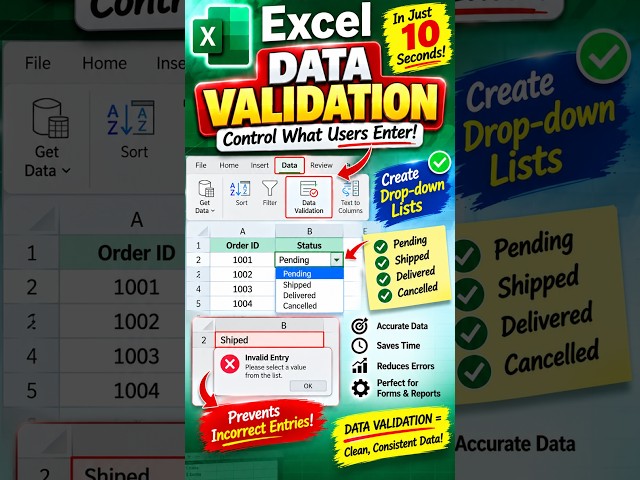 Excel Data Validation Explained in 10 Seconds 🔥 | Create Dropdown & Prevent Errors!