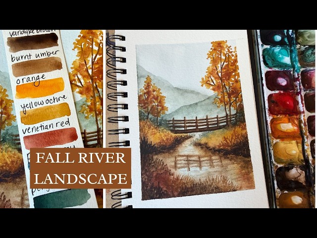 WATERCOLOR Fall River LANDSCAPE Tutorial | Autumn Trees with BRIDGE | Step-by-Step Painting DEMO