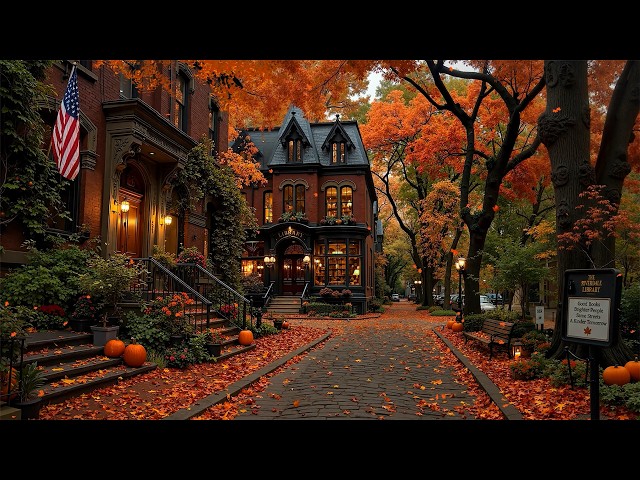 Walking Past an Old Library in Autumn Boston 🍂 Warm Jazz, Falling Leaves & Quiet Moments to Unwind ☕