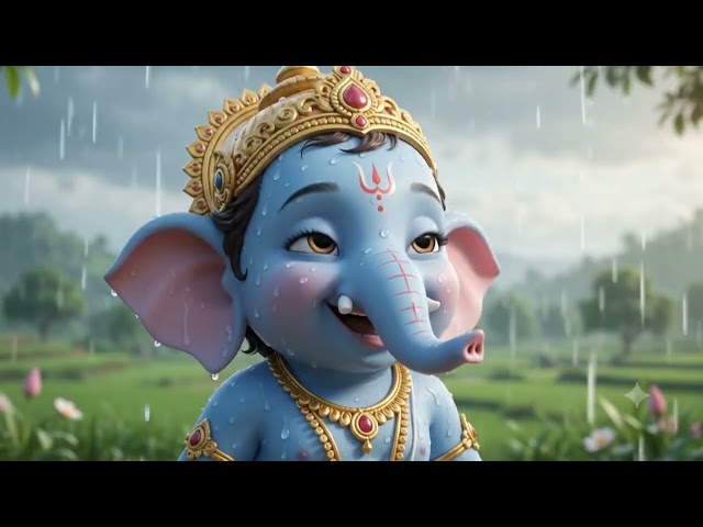 🌧️ Little Bappa and Mooshak having their best monsoon day. Ganpati Bappa Morya! 🌸✨