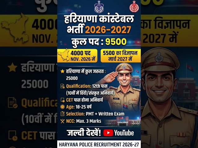 Haryana Constable Bharti 2026|9500 पदों पर पुलिस की भर्ती|Haryana Police Exam 2026|Constable Exam|