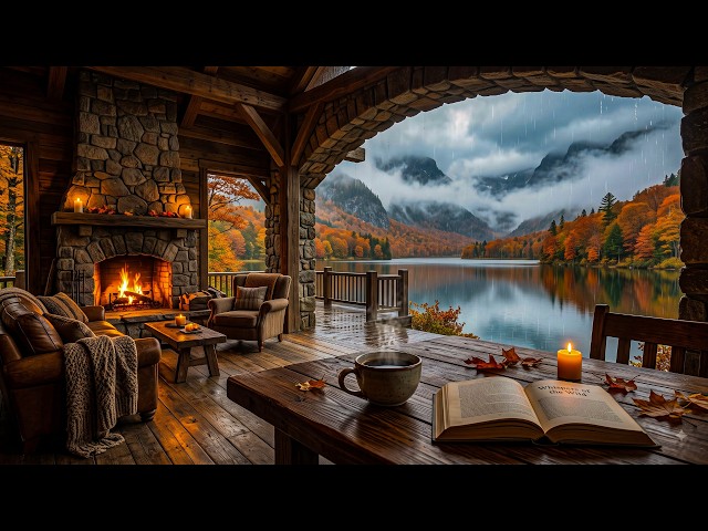 Autumn Rain Jazz 🍂☕ Cozy Cabin Fireplace & Misty Mountain Lake | Smooth Jazz for Relaxation