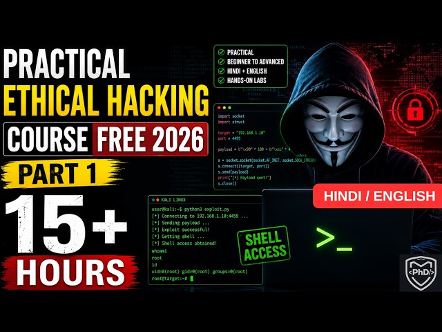 PRACTICAL ETHICAL HACKING 2026 FREE COURSE | 15+ HOURS PART -1 | HINDI | ENGLISH | PhD Security 2026
