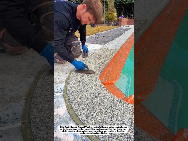 Resin Bound Trowel Tool Smooths Aggregate Edges Around Pool Curves With Precise Surface Control