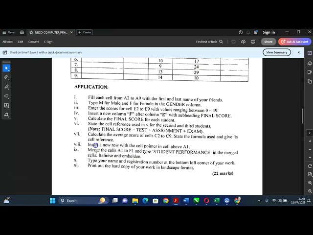 NECO COMPUTER STUDIES PRACTICAL EXCEL 2025