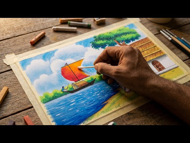   Easy Riverside Village Scenery Drawing with Oil Pastels | Step-by-Step Art Tutorial গ্রামের দৃশ্য