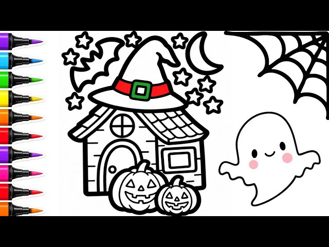 CUTE Spooky Haunted House Drawing | Halloween Drawing Step-by-Step Tutorial 👻🦇🎃