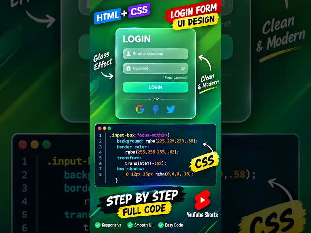 #coding #developer Glassmorphism Login Form UI | HTML CSS Login Form Tutorial #java #learncoding #ui