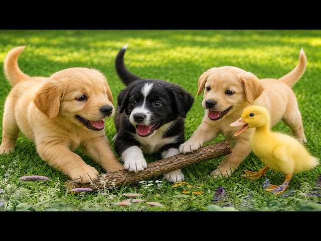🐶💫 Happy Fluffy Puppies Playing on the Green Grass – Cute Dog Adventure – Relaxing Dog Video