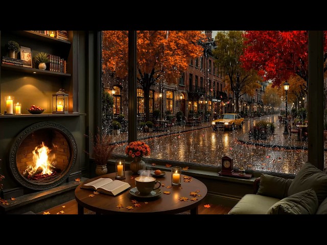 Autumn Jazz at a Quiet Rainy Café ☕ Relaxing Jazz Piano With Warm Fireplace for Study, Work & Focus