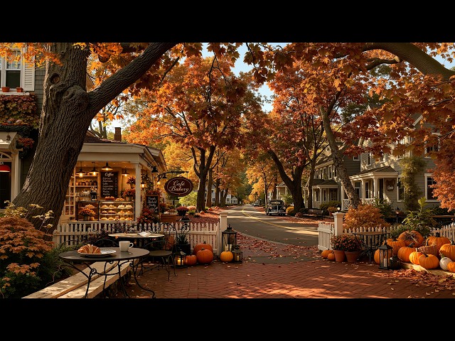 Golden Leaves Drift Past a New England Bakery Café 🍂 Autumn Morning Jazz for Coffee & Calmer Days ☕