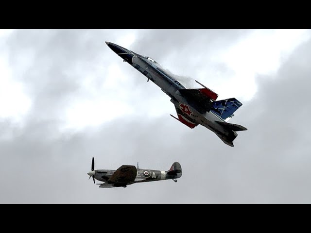 Royal Canadian Air Force McDonnell Douglas CF-188A Hornet+ Supermarine Spitfiref flypast at RIAT2024