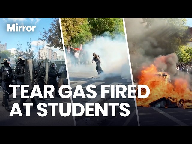 French student protests spiral into CHAOS as tear gas launched and rubbish set ABLAZE