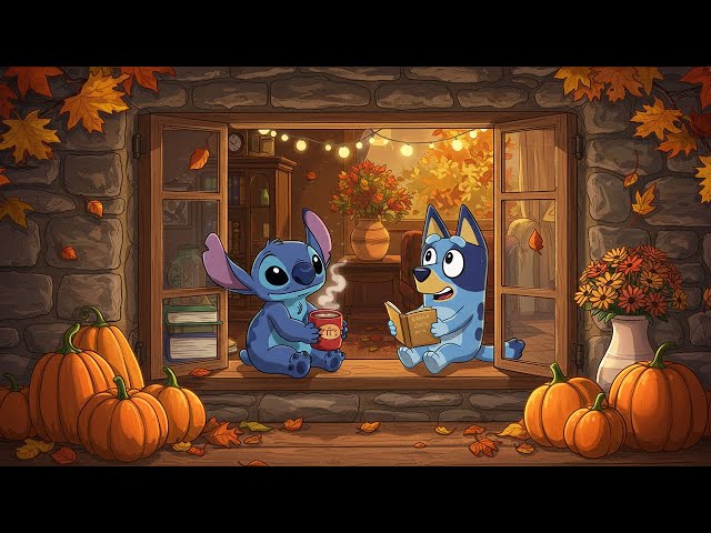 Cozy Autumn Window Scene with Stitch & Blucy 🎃 Lofi Study Work Relax with Warm Fall Vibes 🍂
