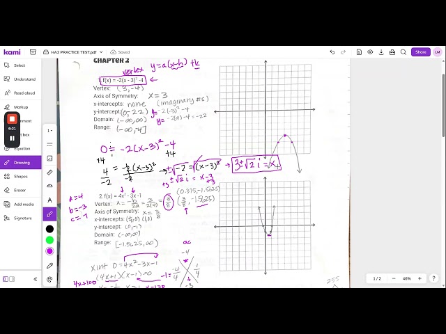 Quadratic Practice Test Vertex and Standard Form