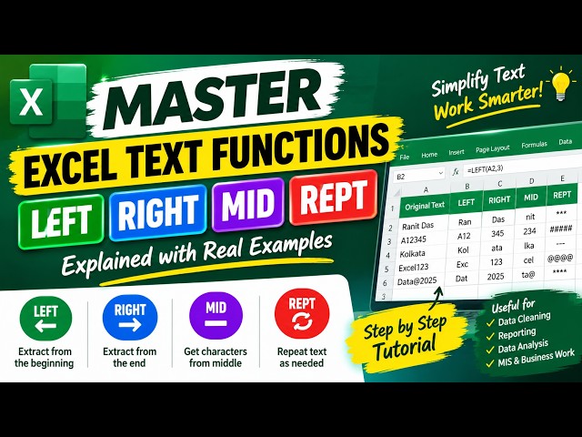 Excel Text Functions | LEFT, RIGHT, MID & REPT Functions Tutorial