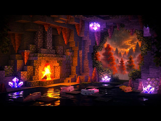 Rainy Autumn Cave | Minecraft Music with Soft Rain for Sleeping & Studying (10 Hours)
