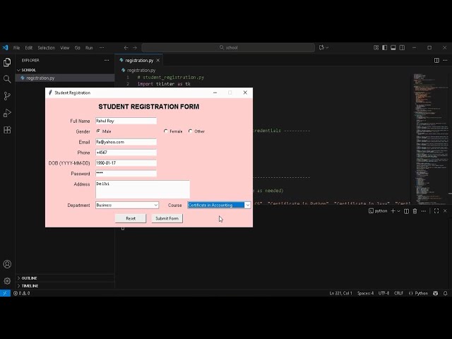 Student Registration Form Using Python and MYSQL Database