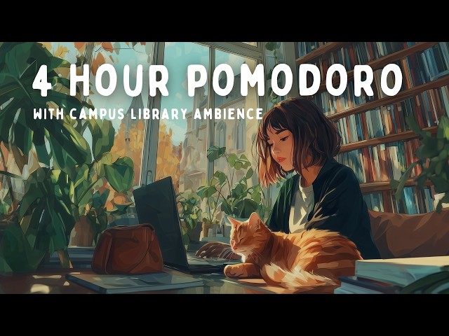 Library Ambience & Brown Noise Pomodoro | 50-10 intervals ☕️📚 for ADHD Focus