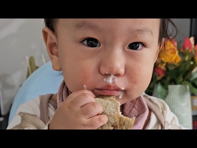 Banana & blueberry pancakes with strawberries & sour cream | BLW Journey - 12 months old