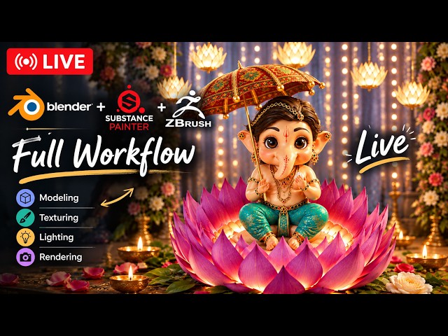 LIVE 🔴 Create a Cute Ganesha 3D Scene in Blender , Zbrush | Modeling, Texturing & Rendering