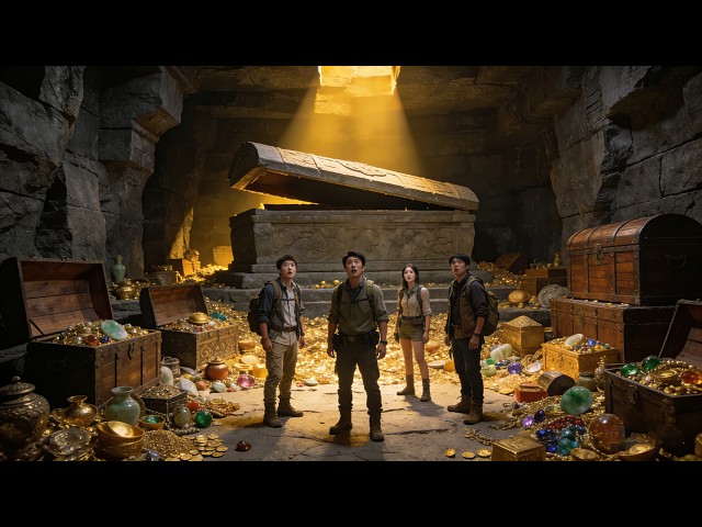 Expedition opens secret tomb door, discovers amazing treasure inside.