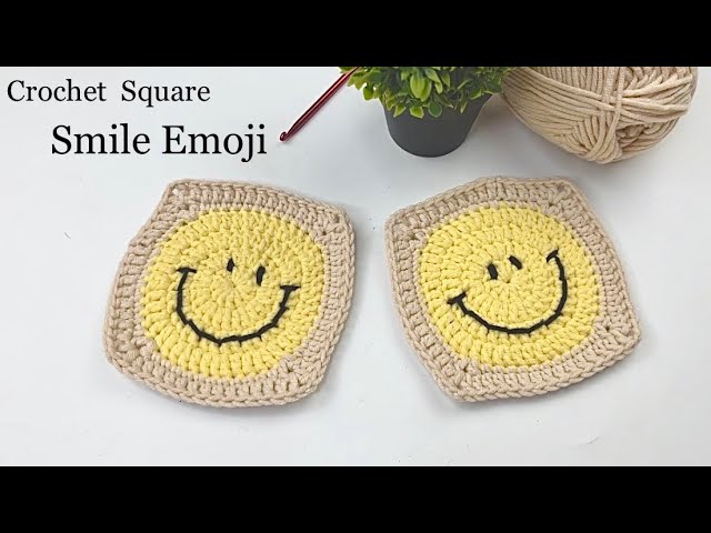 Easy Crochet Smile Emoji Square Tutorial | Crochet Smiley Face Granny Square
