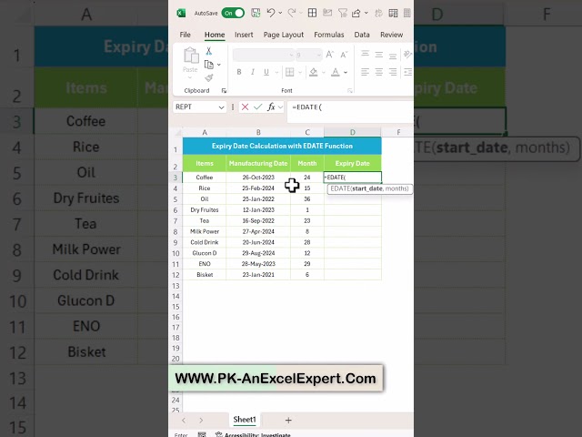 Expiry Date Calculation with EDATE Function #exceltips #excelfunctions #excelformula