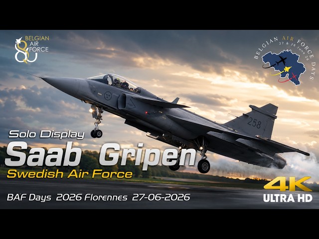 Gripen  Saab JAS-39C Swedish Air Force.Fantastic Display with Flares  . Baf Days 2026 Florennes 4K