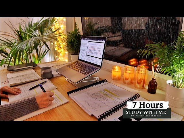7 HOUR STUDY WITH ME  on a RAINY NIGHT | Background noise, 10-min Break, No music, Study with Merve