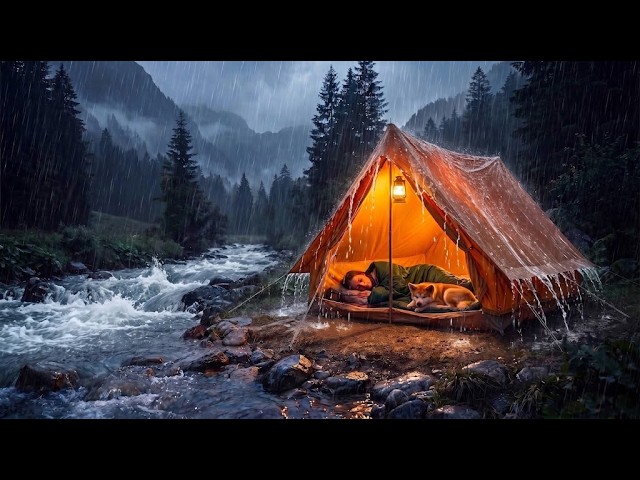 Unwind & Fall Asleep in 5 Minutes🌧️Gentle Flowing Stream & Heavy Night Rain inside the warm tent.