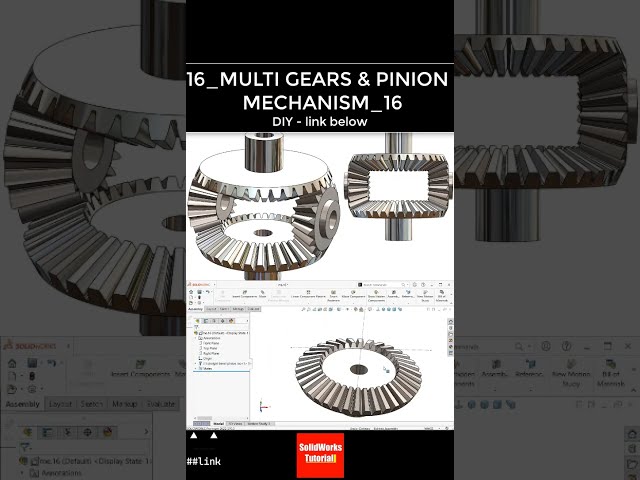 Mechanism 16: supported Multi gears & pinion (input) bevels transmission - SolidWorks Tutor#CAD #CAM