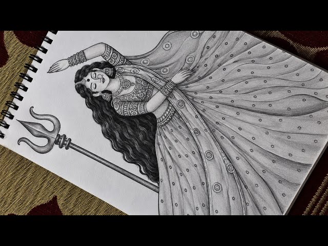 Maa Durga Drawing with Trishul | Beautiful Goddess Durga Sketch | Easy Step by Step Drawing