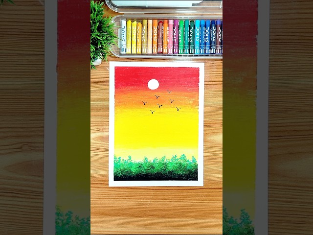 Simple Sunset Scenery Drawing with Oil Pastels | Beautiful Sunset #shorts #art #shortsfeed #sunset